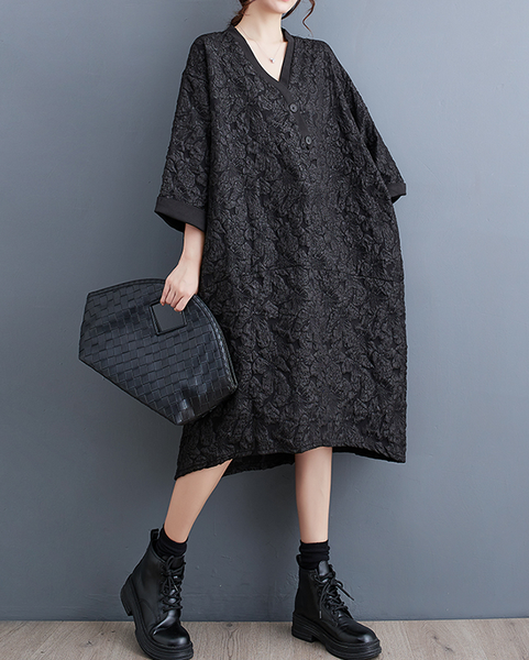 ellazhu Women's Dress Casual V Neck Long Sleeve Oversize Printed Side Pockets High Low Long Maxi Hem GZ641 Black