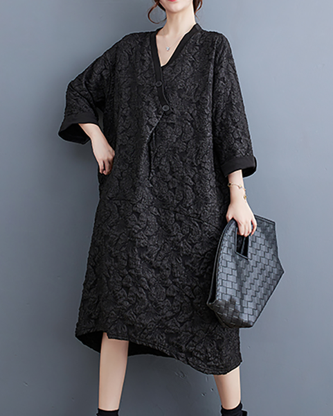 ellazhu Women's Dress Casual V Neck Long Sleeve Oversize Printed Side Pockets High Low Long Maxi Hem GZ641 Black