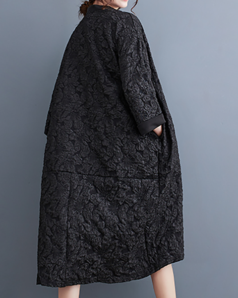 ellazhu Women's Dress Casual V Neck Long Sleeve Oversize Printed Side Pockets High Low Long Maxi Hem GZ641 Black
