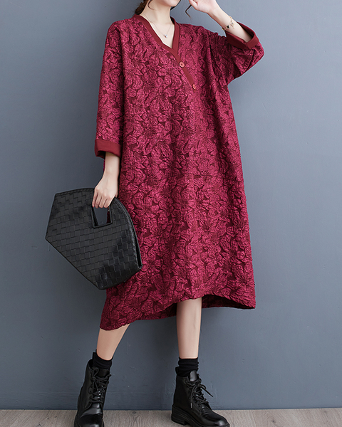 ellazhu Women's Dress Casual V Neck Long Sleeve Oversize Printed Side Pockets High Low Long Maxi Hem GZ641 Black