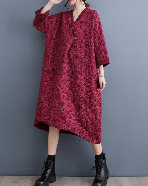 ellazhu Women's Dress Casual V Neck Long Sleeve Oversize Printed Side Pockets High Low Long Maxi Hem GZ641 Black