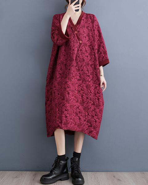 ellazhu Women's Dress Casual V Neck Long Sleeve Oversize Printed Side Pockets High Low Long Maxi Hem GZ641 Black