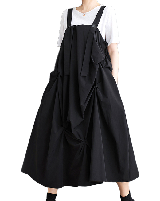 ellazhu Women's Dress Casual Suspender Sleeveless Oversize Side Pockets Long Maxi Hem GZ642 Black