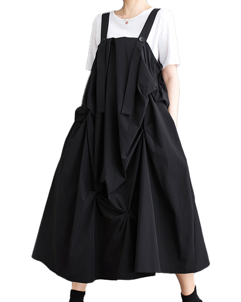 ellazhu Women's Dress Casual Suspender Sleeveless Oversize Side Pockets Long Maxi Hem GZ642 Black