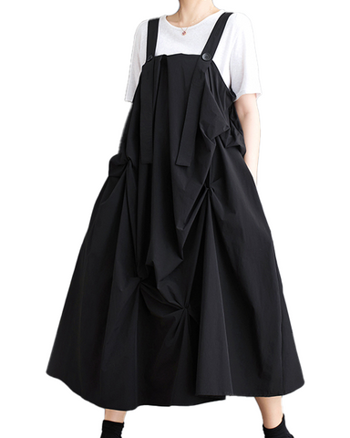 ellazhu Women's Dress Casual Suspender Sleeveless Oversize Side Pockets Long Maxi Hem GZ642 Black