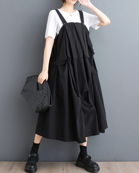 ellazhu Women's Dress Casual Suspender Sleeveless Oversize Side Pockets Long Maxi Hem GZ642 Black