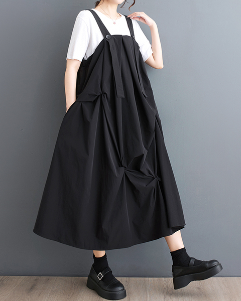 ellazhu Women's Dress Casual Suspender Sleeveless Oversize Side Pockets Long Maxi Hem GZ642 Black