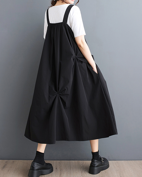 ellazhu Women's Dress Casual Suspender Sleeveless Oversize Side Pockets Long Maxi Hem GZ642 Black