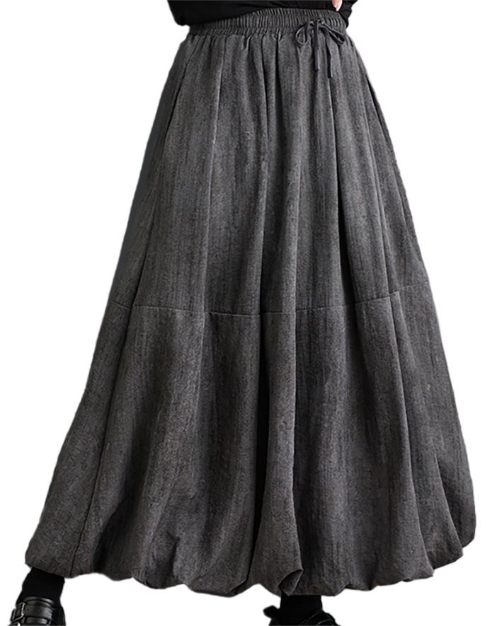 ellazhu Women's Skirt Loose Oversize Pleated Elastic Waist Casual Mid Length Side Pockets GZ643 Grey