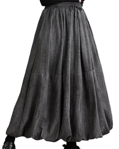 ellazhu Women's Skirt Loose Oversize Pleated Elastic Waist Casual Mid Length Side Pockets GZ643 Grey