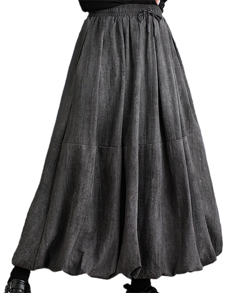 ellazhu Women's Skirt Loose Oversize Pleated Elastic Waist Casual Mid Length Side Pockets GZ643 Grey
