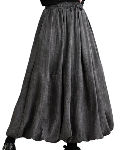 ellazhu Women's Skirt Loose Oversize Pleated Elastic Waist Casual Mid Length Side Pockets GZ643 Grey