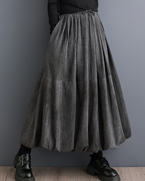 ellazhu Women's Skirt Loose Oversize Pleated Elastic Waist Casual Mid Length Side Pockets GZ643 Grey
