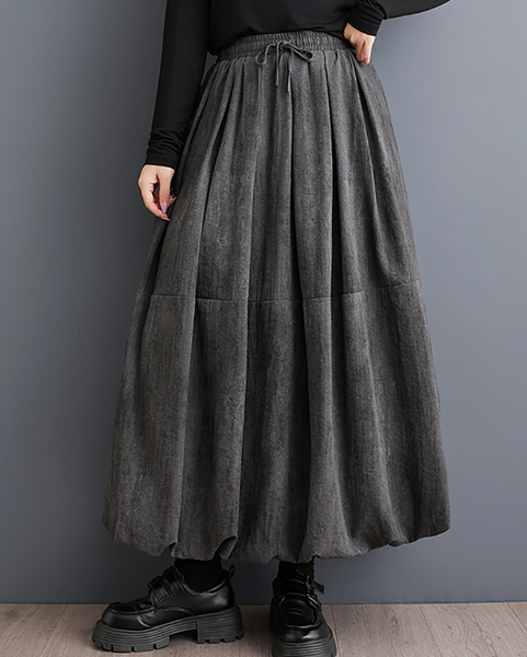 ellazhu Women's Skirt Loose Oversize Pleated Elastic Waist Casual Mid Length Side Pockets GZ643 Grey
