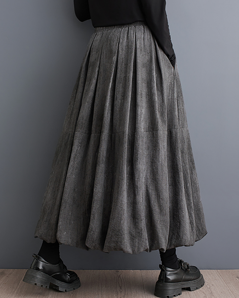 ellazhu Women's Skirt Loose Oversize Pleated Elastic Waist Casual Mid Length Side Pockets GZ643 Grey