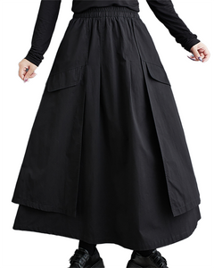 ellazhu Women's Skirt Loose Oversize Pleated Elastic Waist Irregular Hem Mid Length Side Pockets GZ644 Black