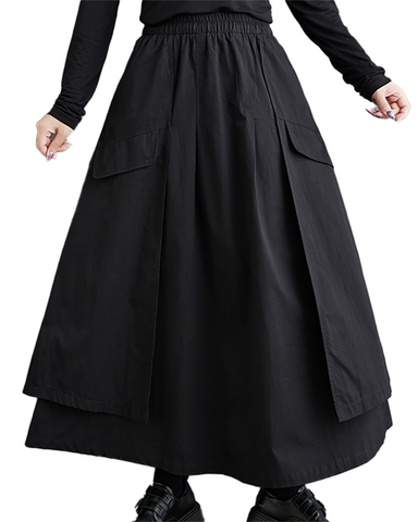 ellazhu Women's Skirt Loose Oversize Pleated Elastic Waist Irregular Hem Mid Length Side Pockets GZ644 Black