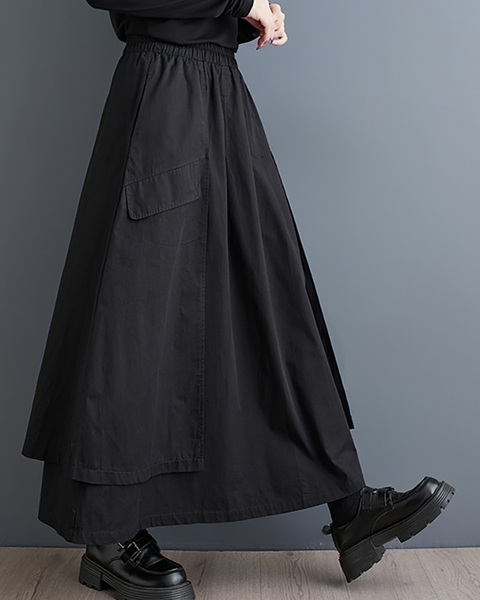 ellazhu Women's Skirt Loose Oversize Pleated Elastic Waist Irregular Hem Mid Length Side Pockets GZ644 Black