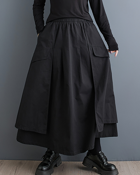 ellazhu Women's Skirt Loose Oversize Pleated Elastic Waist Irregular Hem Mid Length Side Pockets GZ644 Black