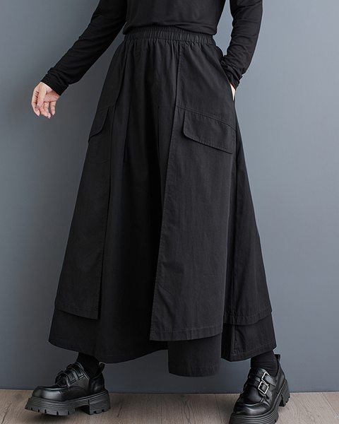 ellazhu Women's Skirt Loose Oversize Pleated Elastic Waist Irregular Hem Mid Length Side Pockets GZ644 Black