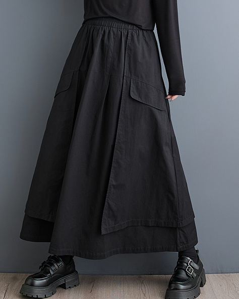 ellazhu Women's Skirt Loose Oversize Pleated Elastic Waist Irregular Hem Mid Length Side Pockets GZ644 Black