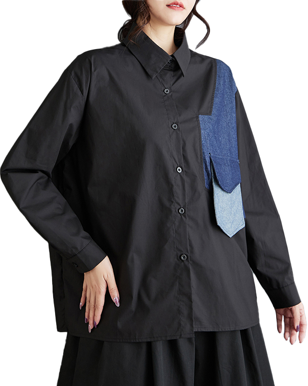 ellazhu Women's Shirt Button Down Lapel Long Sleeve Patchwork High Low Hem Loose Oversize GZ645 Black