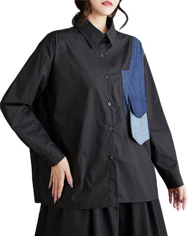 ellazhu Women's Shirt Button Down Lapel Long Sleeve Patchwork High Low Hem Loose Oversize GZ645 Black