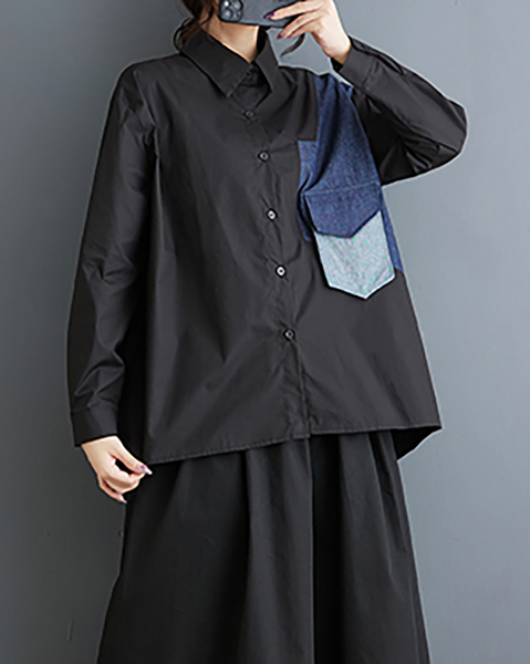 ellazhu Women's Shirt Button Down Lapel Long Sleeve Patchwork High Low Hem Loose Oversize GZ645 Black