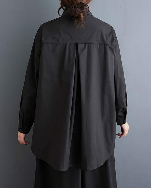 ellazhu Women's Shirt Button Down Lapel Long Sleeve Patchwork High Low Hem Loose Oversize GZ645 Black