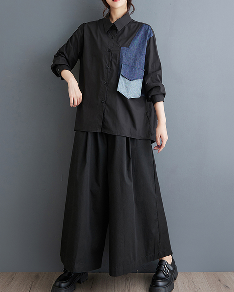 ellazhu Women's Shirt Button Down Lapel Long Sleeve Patchwork High Low Hem Loose Oversize GZ645 Black