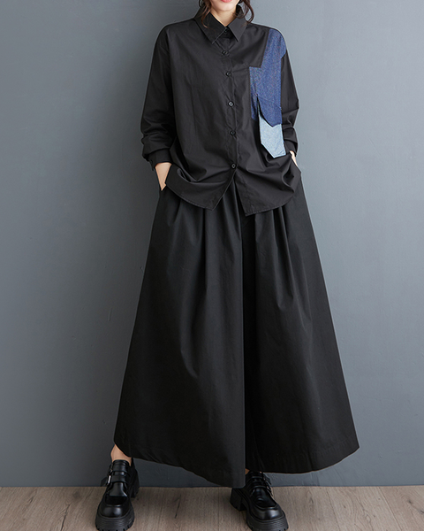 ellazhu Women's Shirt Button Down Lapel Long Sleeve Patchwork High Low Hem Loose Oversize GZ645 Black