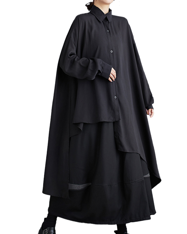 ellazhu Women's Shirt Button Down Lapel Long Sleeve High Low Irregular Hem Loose Oversize GZ646 Black
