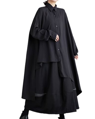 ellazhu Women's Shirt Button Down Lapel Long Sleeve High Low Irregular Hem Loose Oversize GZ646 Black
