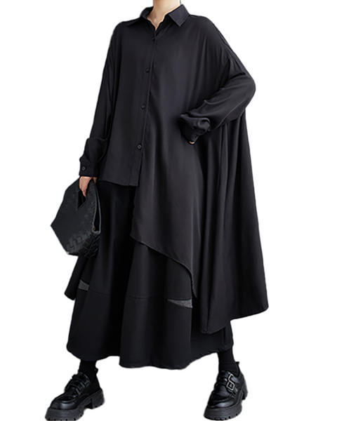 ellazhu Women's Shirt Button Down Lapel Long Sleeve High Low Irregular Hem Loose Oversize GZ646 Black