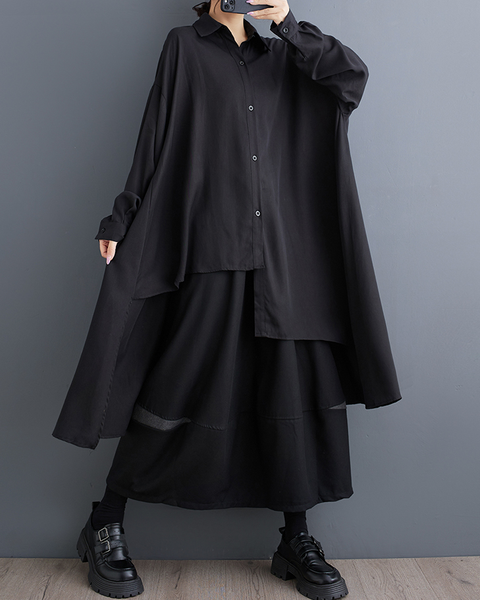 ellazhu Women's Shirt Button Down Lapel Long Sleeve High Low Irregular Hem Loose Oversize GZ646 Black