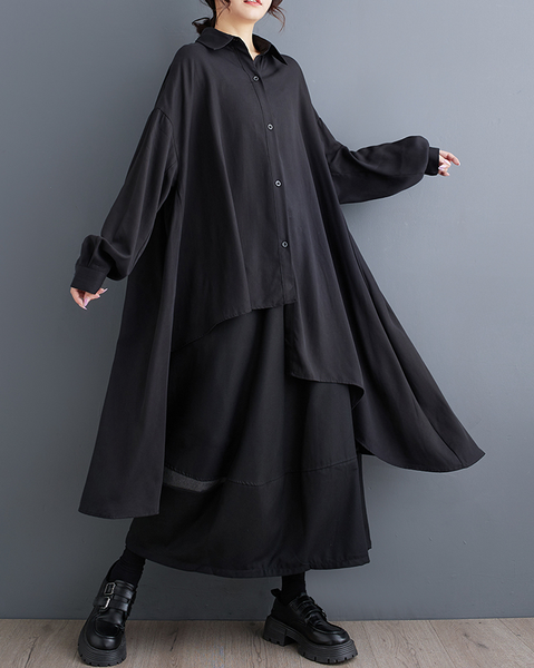 ellazhu Women's Shirt Button Down Lapel Long Sleeve High Low Irregular Hem Loose Oversize GZ646 Black