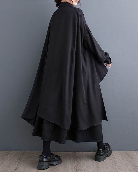 ellazhu Women's Shirt Button Down Lapel Long Sleeve High Low Irregular Hem Loose Oversize GZ646 Black