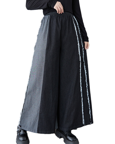 ellazhu Women's Pants Loose Elastic Wide Leg High Waist Vintage Patchwork Sweatpants Side Pockets GZ647 Black