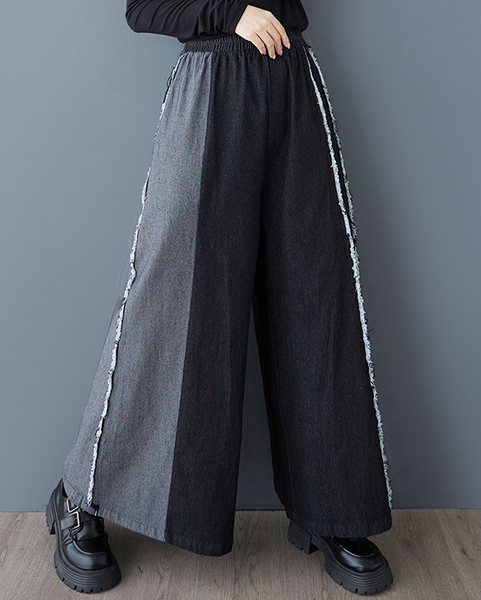 ellazhu Women's Pants Loose Elastic Wide Leg High Waist Vintage Patchwork Sweatpants Side Pockets GZ647 Black