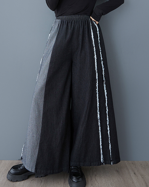 ellazhu Women's Pants Loose Elastic Wide Leg High Waist Vintage Patchwork Sweatpants Side Pockets GZ647 Black