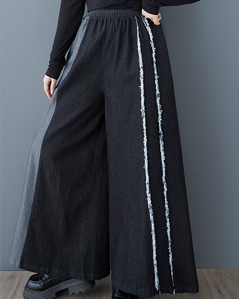 ellazhu Women's Pants Loose Elastic Wide Leg High Waist Vintage Patchwork Sweatpants Side Pockets GZ647 Black