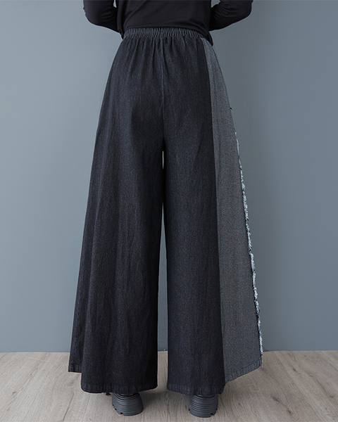 ellazhu Women's Pants Loose Elastic Wide Leg High Waist Vintage Patchwork Sweatpants Side Pockets GZ647 Black