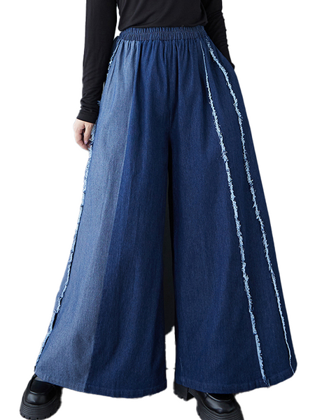 ellazhu Women's Pants Loose Elastic Wide Leg High Waist Vintage Patchwork Sweatpants Side Pockets GZ647 Black