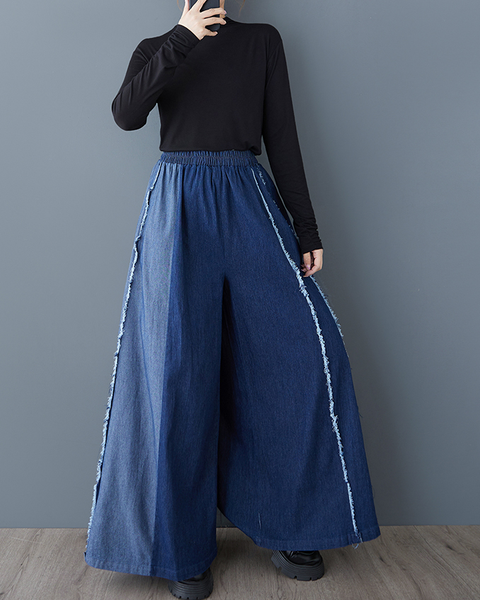 ellazhu Women's Pants Loose Elastic Wide Leg High Waist Vintage Patchwork Sweatpants Side Pockets GZ647 Black