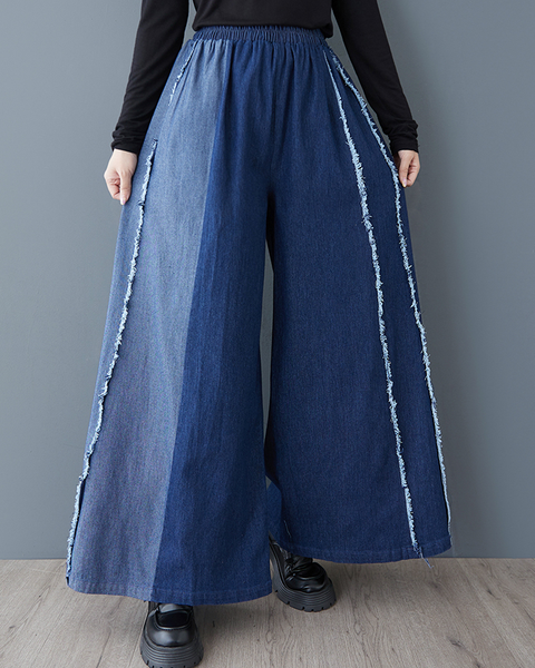 ellazhu Women's Pants Loose Elastic Wide Leg High Waist Vintage Patchwork Sweatpants Side Pockets GZ647 Black