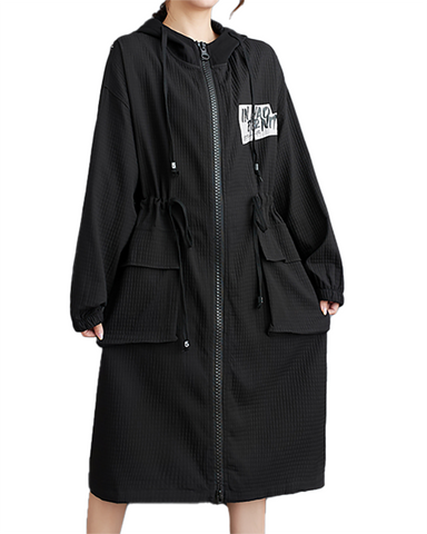 ellazhu Women's Coats Hooded Long Sleeve Oversize Zip Up Drawstring Printed Outerwear Side Pockets GZ648 Black