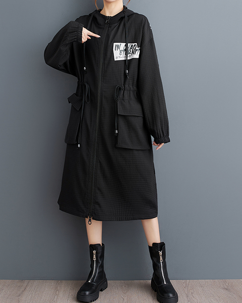 ellazhu Women's Coats Hooded Long Sleeve Oversize Zip Up Drawstring Printed Outerwear Side Pockets GZ648 Black
