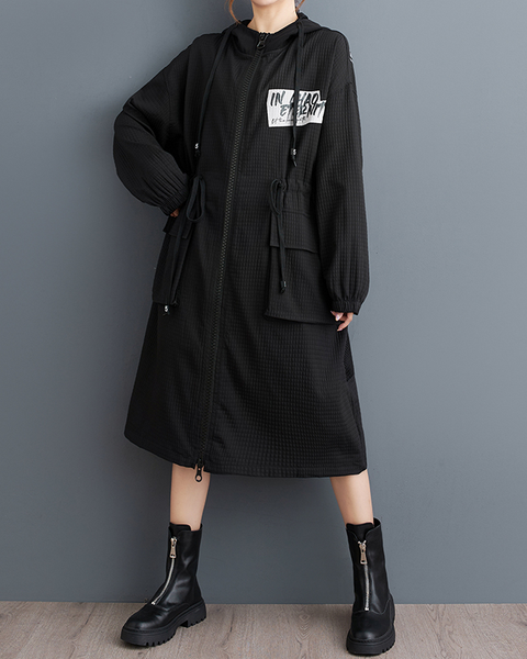 ellazhu Women's Coats Hooded Long Sleeve Oversize Zip Up Drawstring Printed Outerwear Side Pockets GZ648 Black