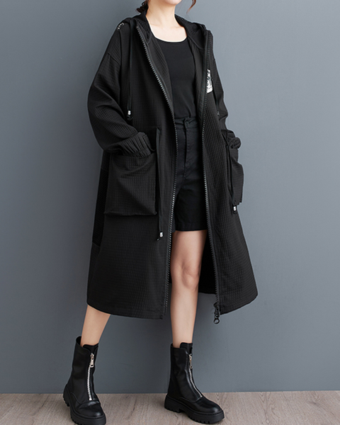 ellazhu Women's Coats Hooded Long Sleeve Oversize Zip Up Drawstring Printed Outerwear Side Pockets GZ648 Black