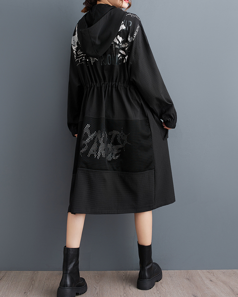 ellazhu Women's Coats Hooded Long Sleeve Oversize Zip Up Drawstring Printed Outerwear Side Pockets GZ648 Black